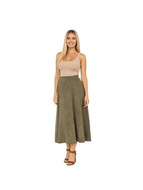 ZARA Olive Green Medium Faux Suede Midi High Waisted Skirt Polyester Blend